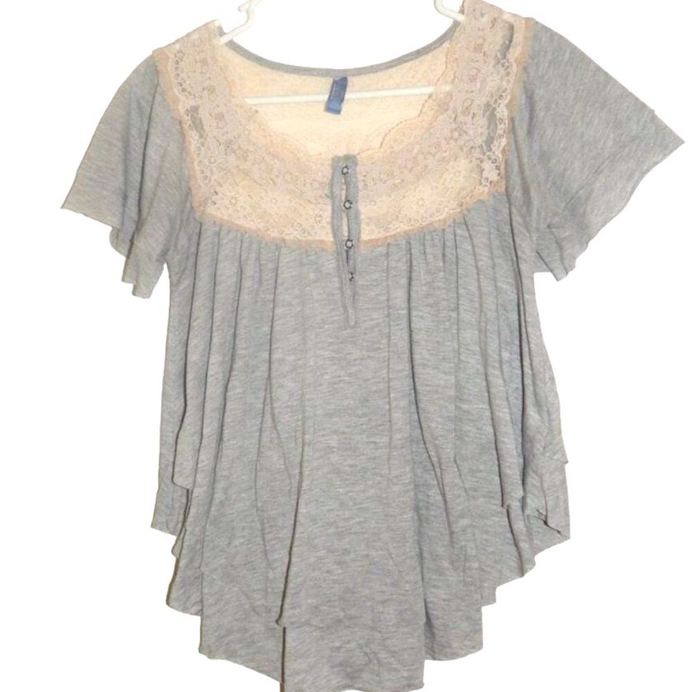 Free People women's XS grey cream lace back ruffle sleeve cottagecore blouse